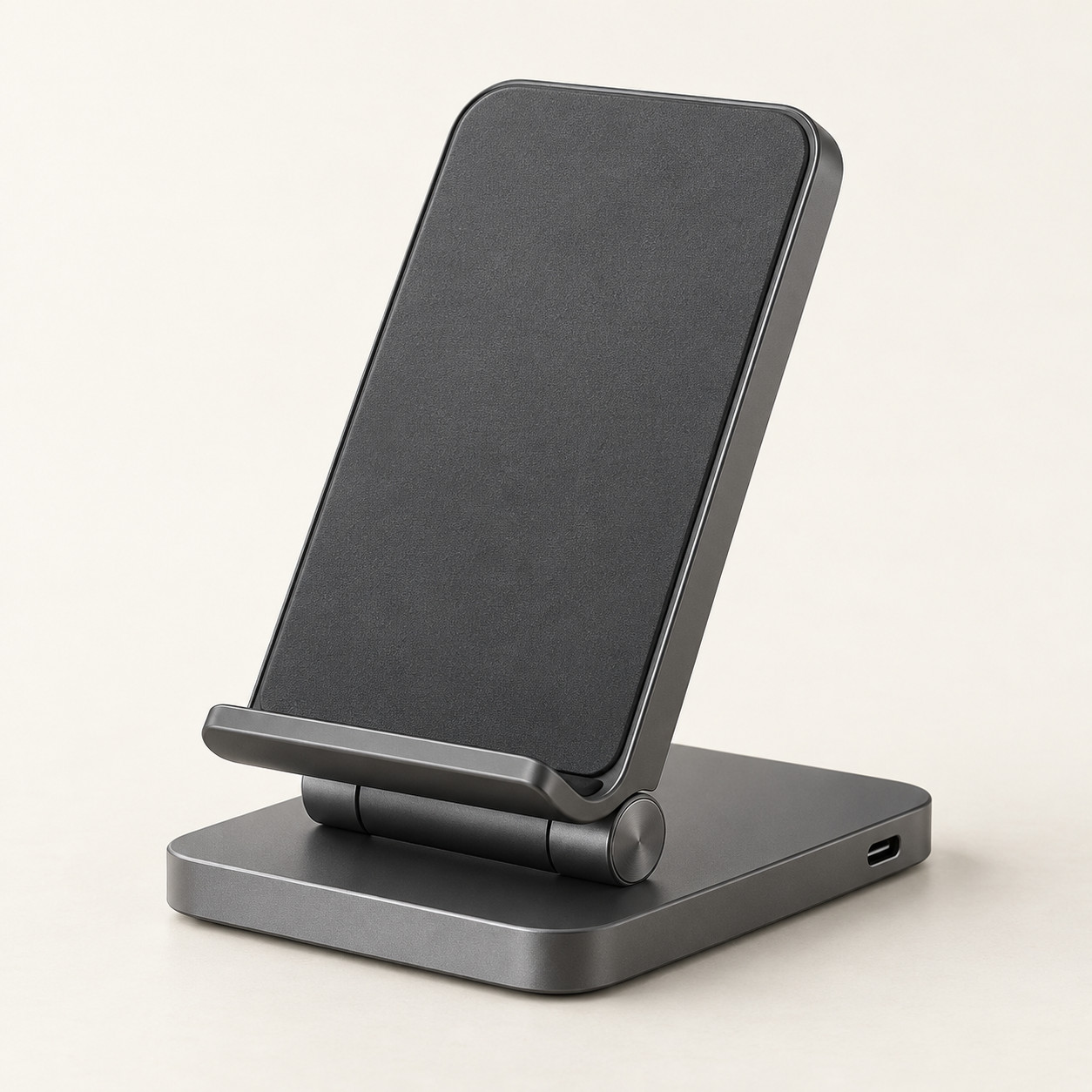 AI-generated concept image: folding wireless charging stand on a warm ivory studio background.