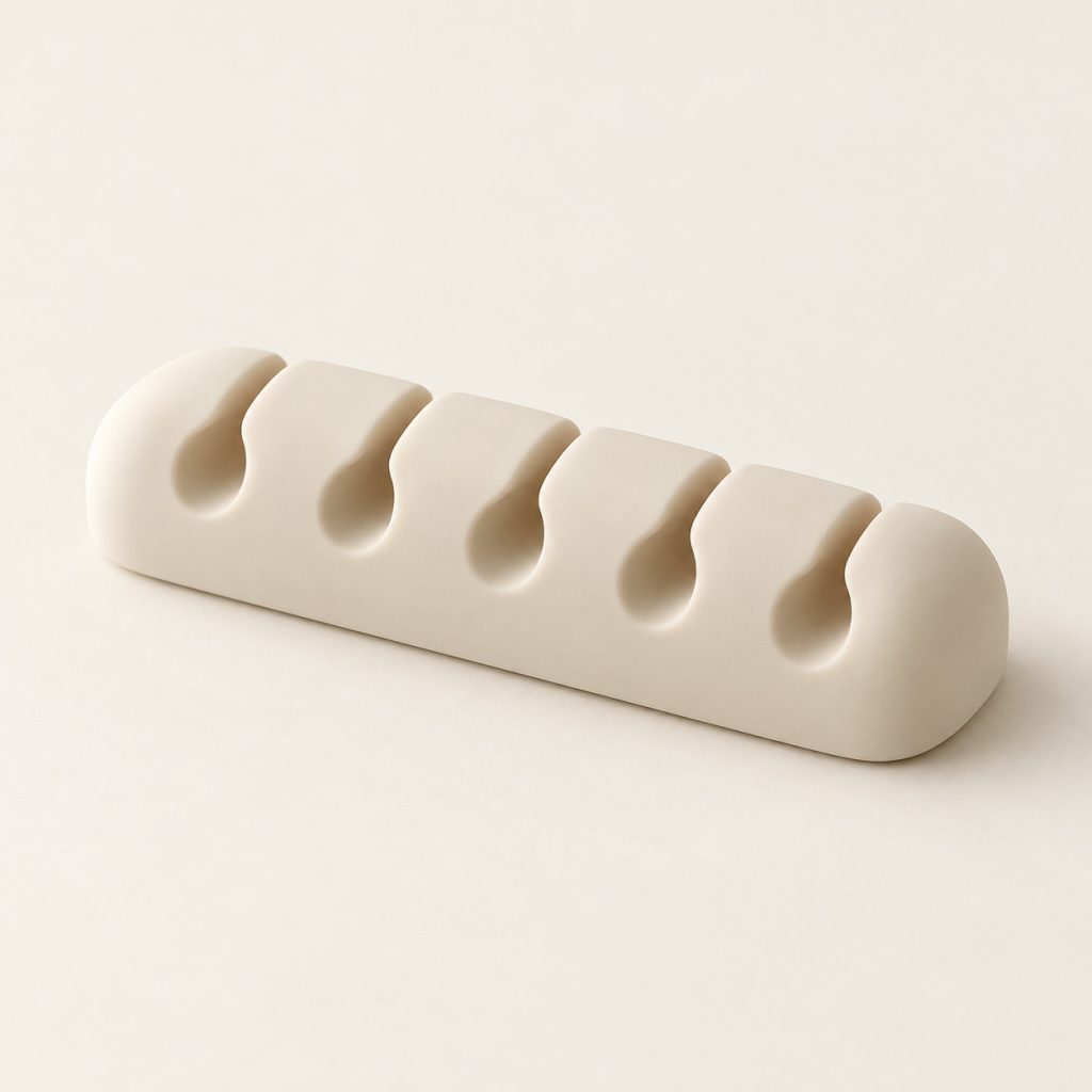 AI-generated concept image: five-slot cable organizer on a warm ivory studio background.