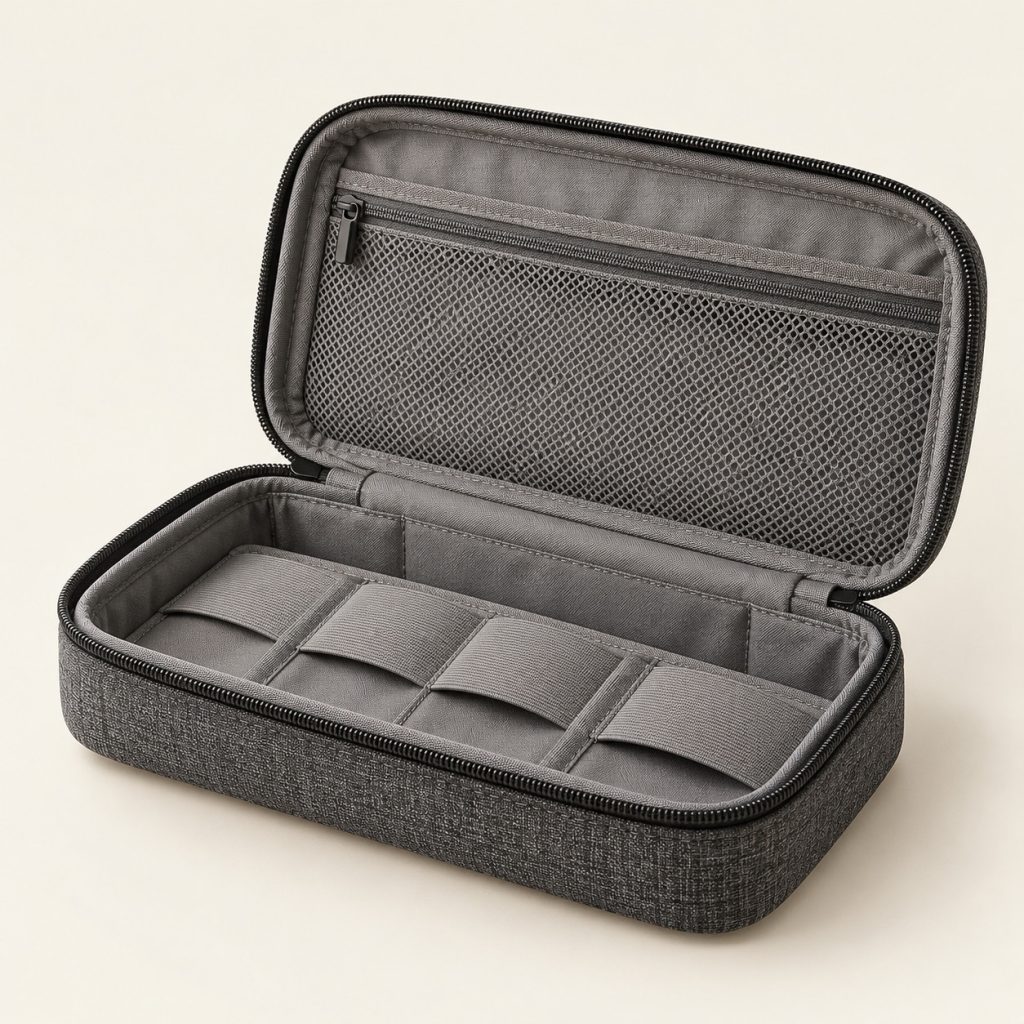 AI-generated concept image: everyday tech pouch on a warm ivory studio background.