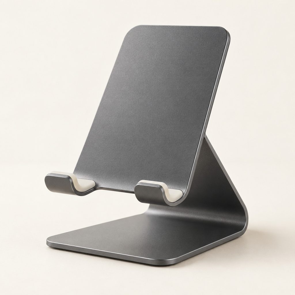 AI-generated concept image: aluminium phone stand on a warm ivory studio background.