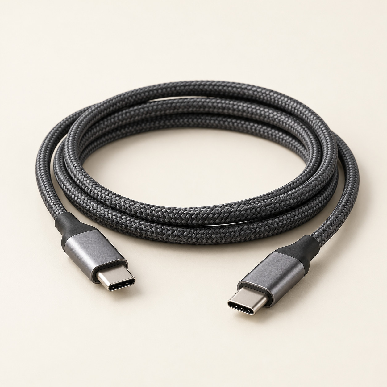 AI-generated concept image: braided usb-c to usb-c cable on a warm ivory studio background.