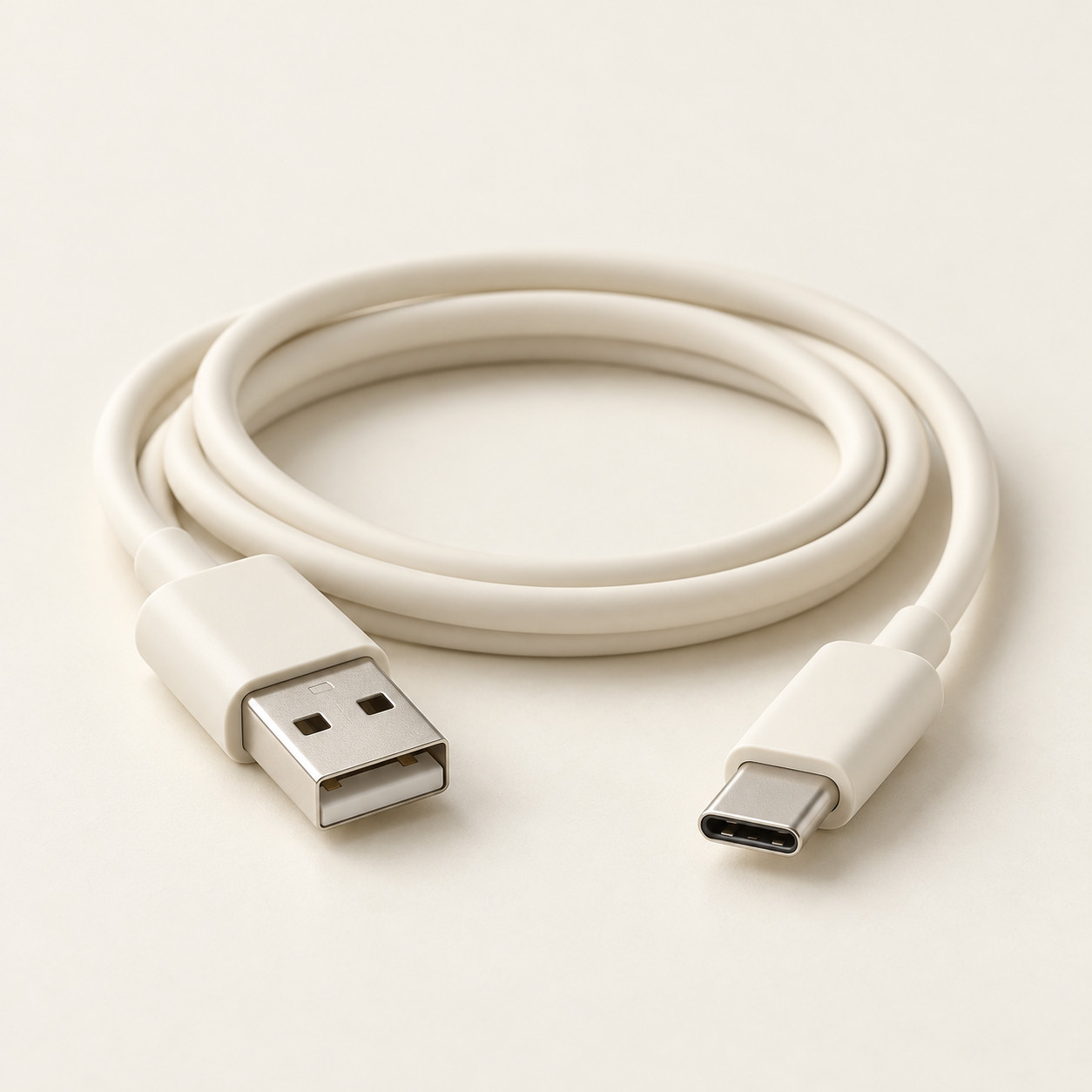 AI-generated concept image: usb-a to usb-c cable on a warm ivory studio background.