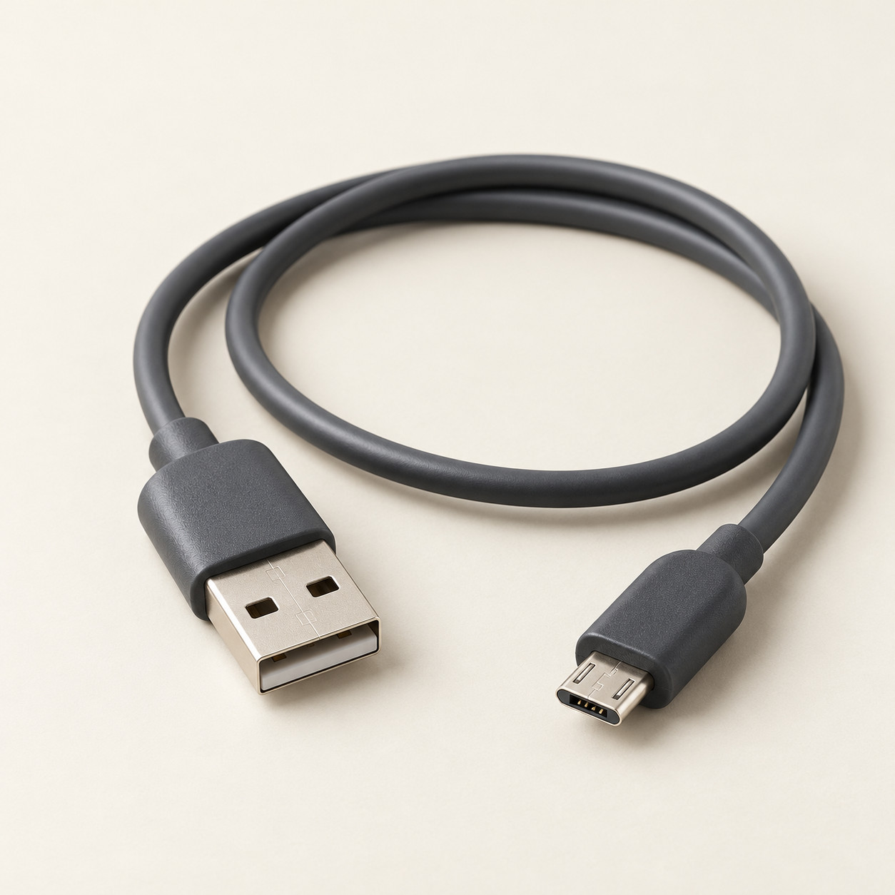 AI-generated concept image: usb-a to micro-usb cable on a warm ivory studio background.