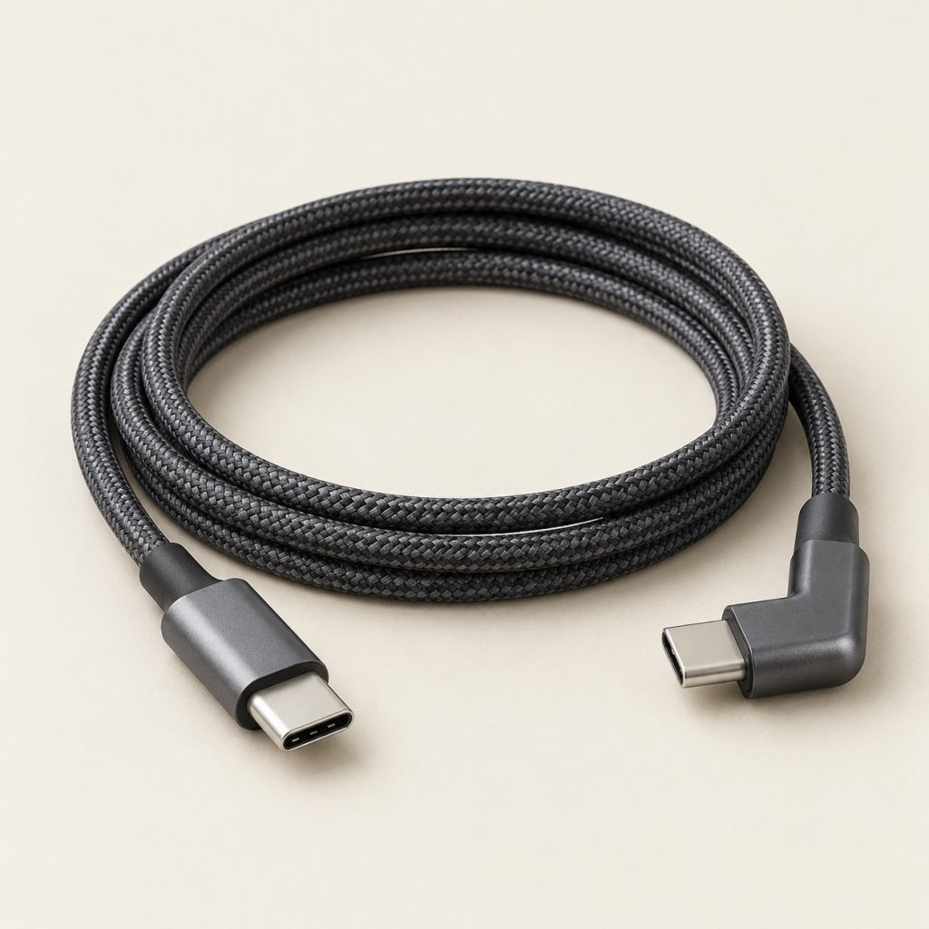 AI-generated concept image: right-angle usb-c cable on a warm ivory studio background.