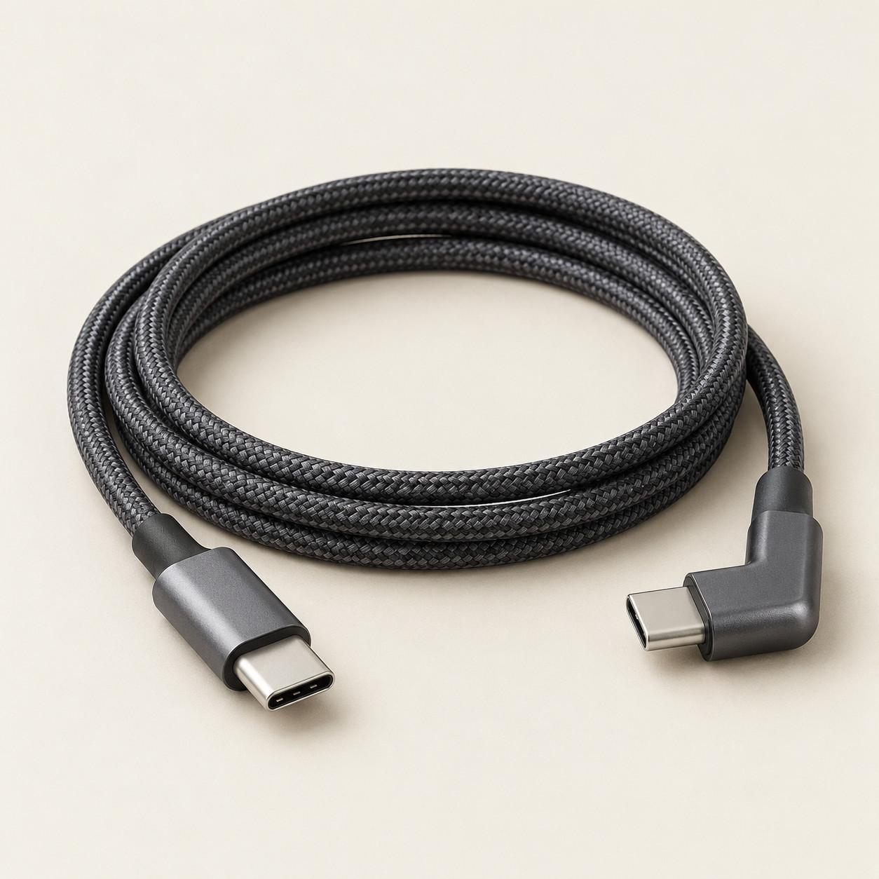 AI-generated concept image: right-angle usb-c cable on a warm ivory studio background.