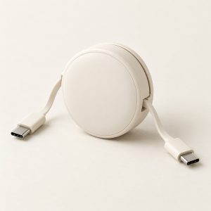 AI-generated concept image: retractable usb-c cable on a warm ivory studio background.