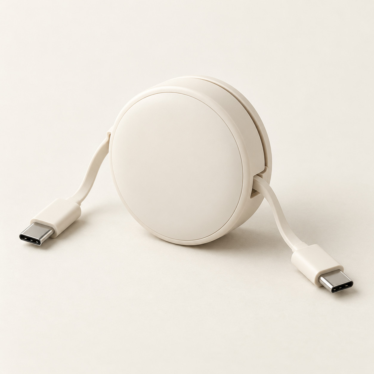 AI-generated concept image: retractable usb-c cable on a warm ivory studio background.