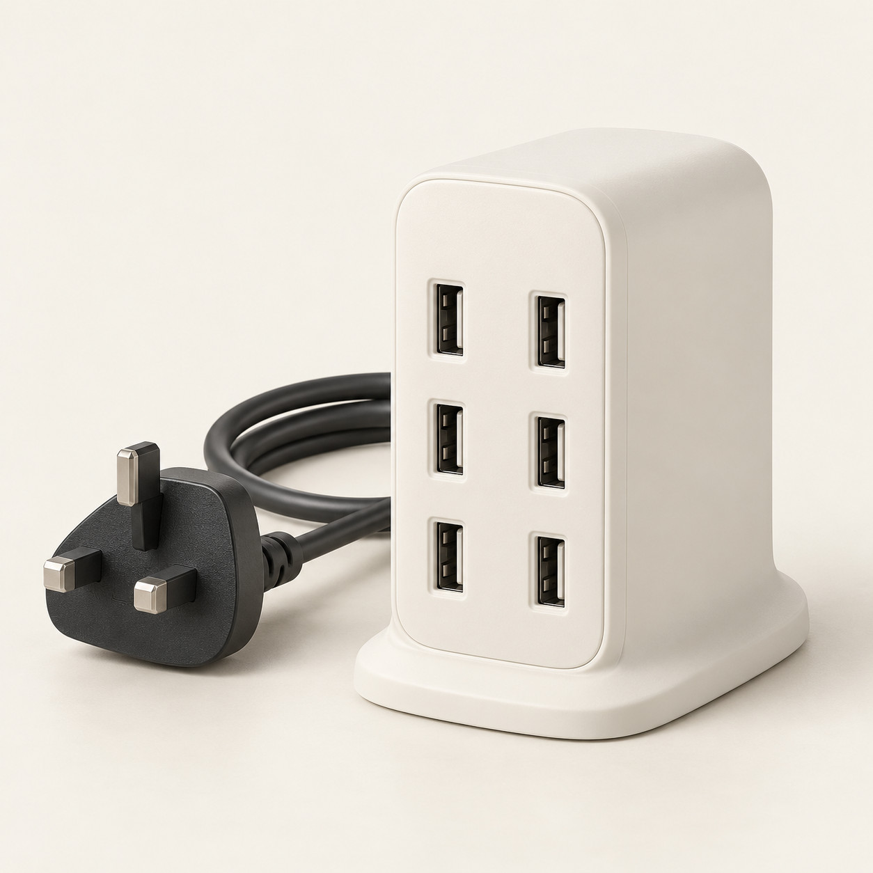 AI-generated concept image: six-port usb-a charging station on a warm ivory studio background.