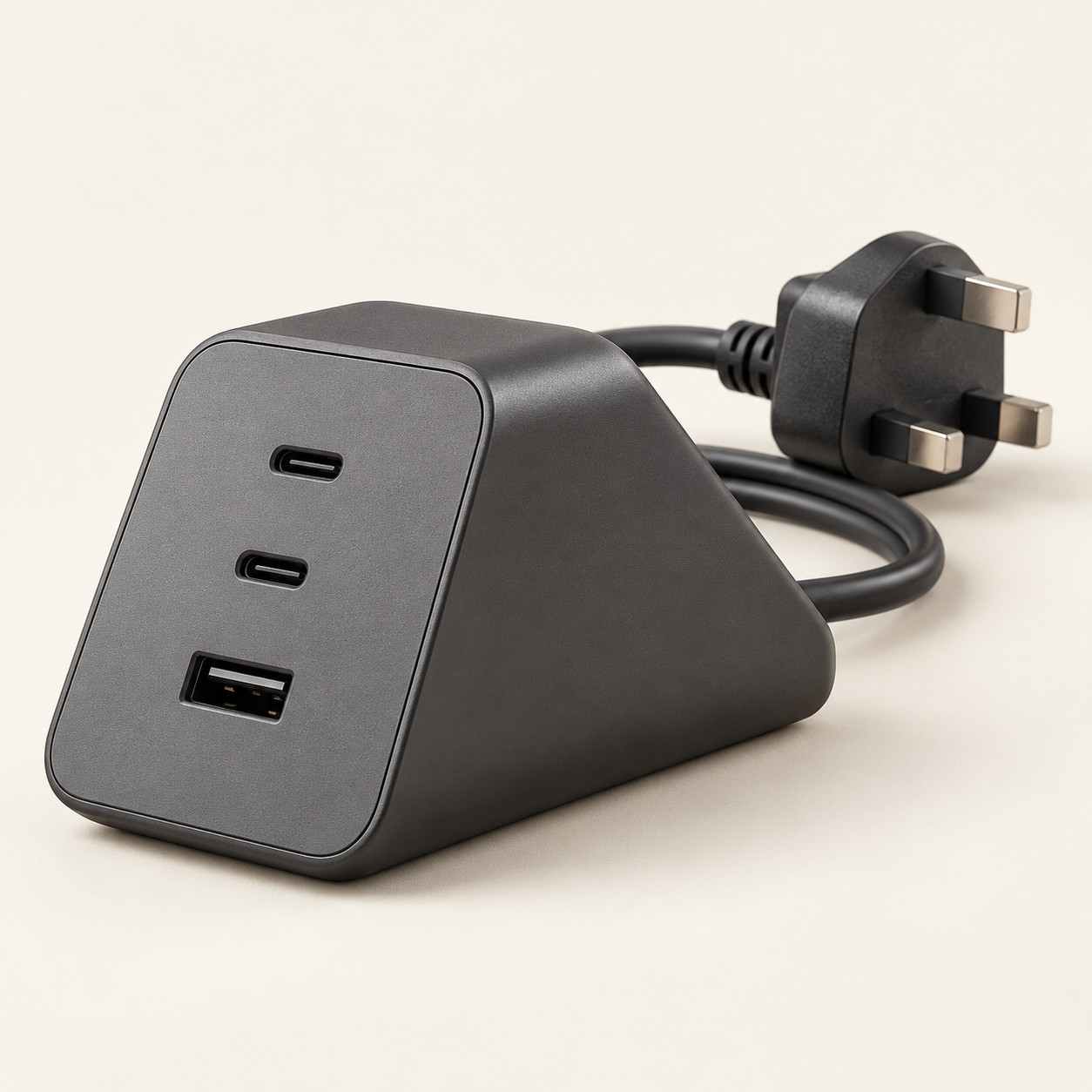 AI-generated concept image: three-port travel desktop charger on a warm ivory studio background.