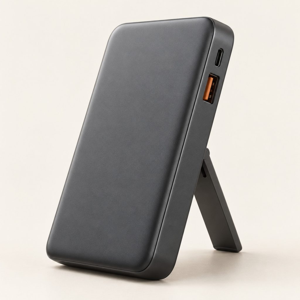 AI-generated concept image: fold-out stand power bank on a warm ivory studio background.