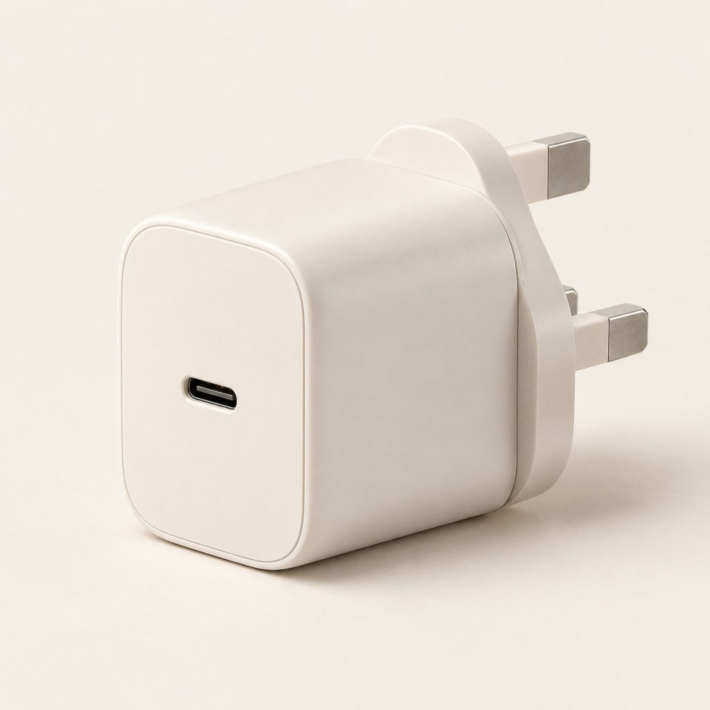 AI-generated concept image: pocket usb-c wall charger on a warm ivory studio background.