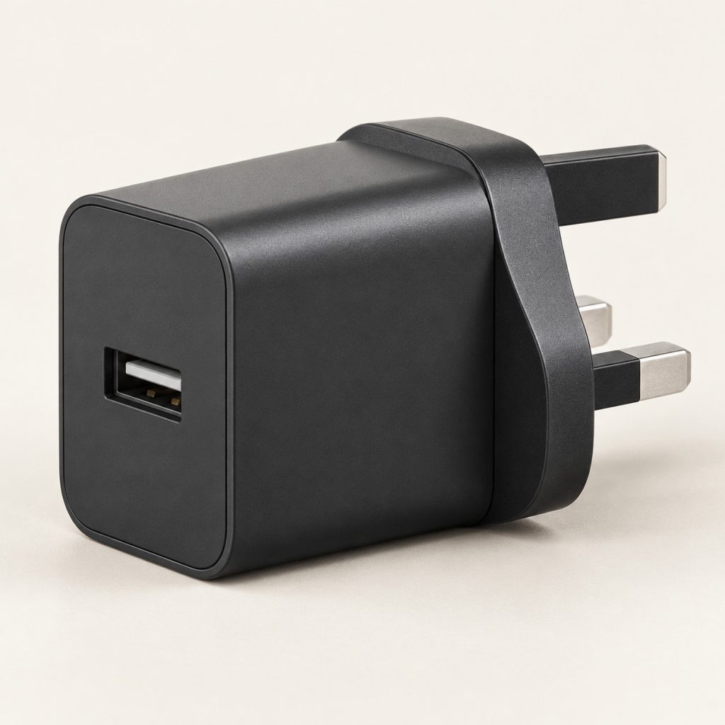 AI-generated concept image: usb-a wall charger on a warm ivory studio background.