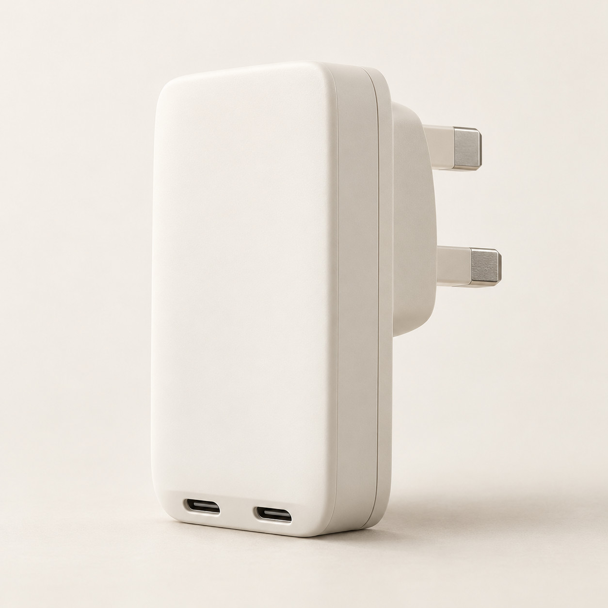 AI-generated concept image: slim dual usb-c wall charger on a warm ivory studio background.
